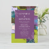 Paarse groene Abstracte Floral Wedding Kaart (Staand voorkant)