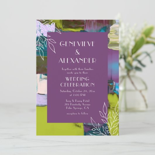Paarse groene Abstracte Floral Wedding Kaart (Staand voorkant)