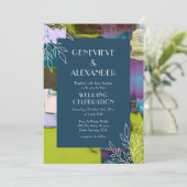 Paarse groene Abstracte Floral Wedding Kaart (Staand voorkant)