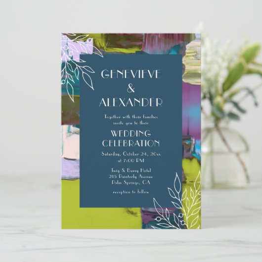 Paarse groene Abstracte Floral Wedding Kaart (Staand voorkant)