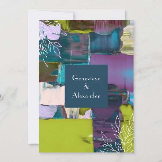 Paarse groene Abstracte Floral Wedding Kaart (Achterkant)