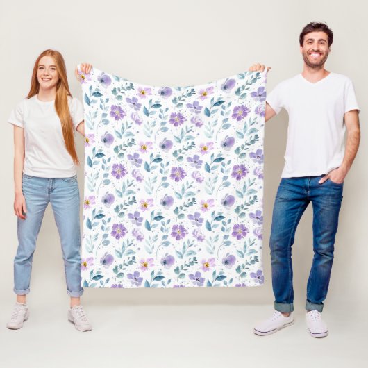 Paarse groene aquarel wilde bloem fleece deken (In situ)