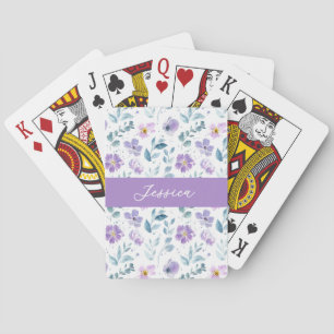 Paarse Groene Aquarel Wilde Bloem Initiaal Naam Pokerkaarten