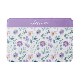 Paarse Groene Aquarel Wilde Bloem Monogram Naam Badmat