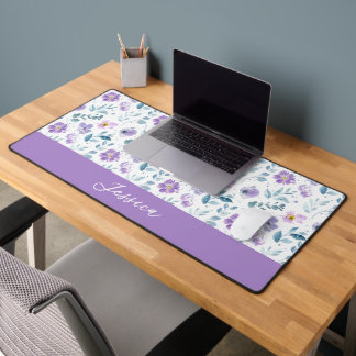 Paarse Groene Aquarel Wilde Bloem Monogram Naam Bureaumat