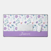 Paarse Groene Aquarel Wilde Bloem Monogram Naam Bureaumat (Keyboard & Muis)