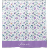 Paarse Groene Aquarel Wilde Bloem Monogram Naam Douchegordijn (Voorkant)