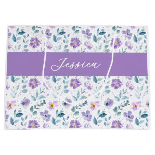Paarse Groene Aquarel Wilde Bloem Monogram Naam Groot Cadeauzakje
