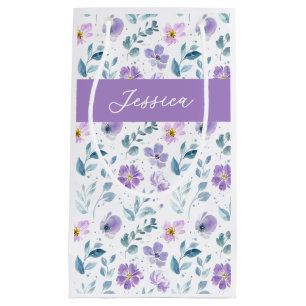 Paarse Groene Aquarel Wilde Bloem Monogram Naam Klein Cadeauzakje