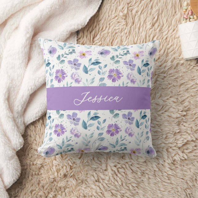 Paarse Groene Aquarel Wilde Bloem Monogram Naam Kussen (Deken)