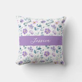 Paarse Groene Aquarel Wilde Bloem Monogram Naam Kussen