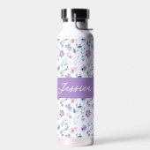 Paarse Groene Aquarel Wilde Bloem Monogram Naam Waterfles (Links)