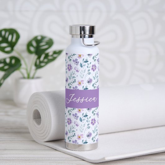 Paarse Groene Aquarel Wilde Bloem Monogram Naam Waterfles (Yoga)