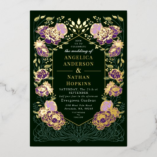 Paarse groene betoverde bloementuin bruiloft folie uitnodiging (Voorkant)