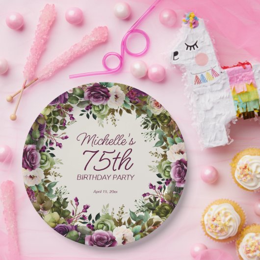 Paarse groene bladeren 75e verjaardag papieren bordje (Feest)