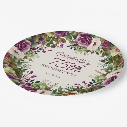 Paarse groene bladeren 75e verjaardag papieren bordje (Gekanteld)