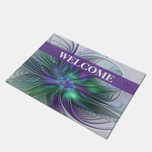 Paarse Groene Bloem Abstracte Kunst Fractal Welkom Deurmat (Schuin)