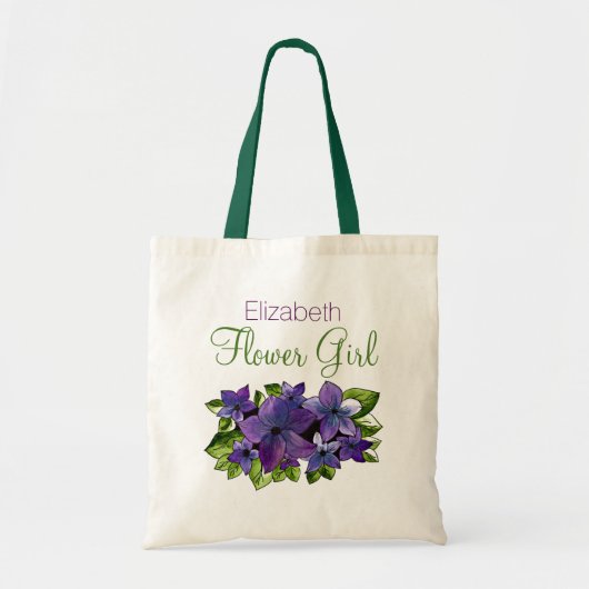 Paarse Groene Bloem met Naam Bloemenmeisje Tote Bag (Voorkant)