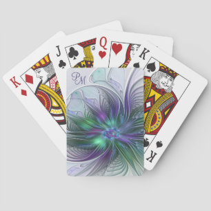 Paarse Groene Bloem Modern Abstract Kunst Monogram Pokerkaarten