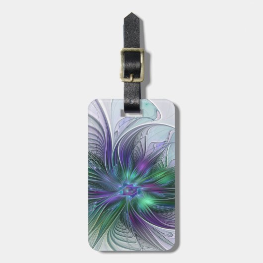 Paarse Groene Bloem Modern Abstracte Kunst Fractal Bagagelabel (Voorkant verticaal)