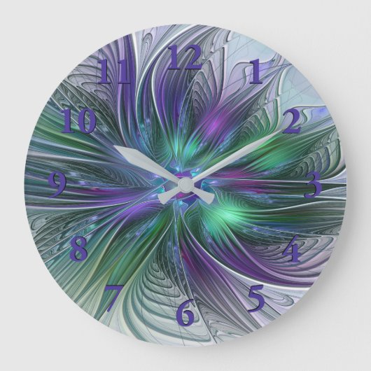 Paarse Groene Bloem Modern Abstracte Kunst Fractal Grote Klok (Voorkant)