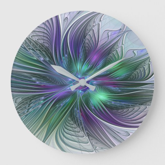 Paarse Groene Bloem Modern Abstracte Kunst Fractal Grote Klok (Voorkant)