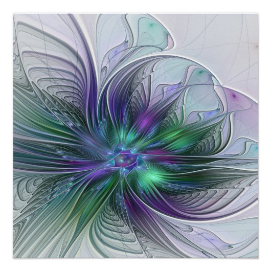 Paarse Groene Bloem Modern Abstracte Kunst Fractal Poster (Voorkant)