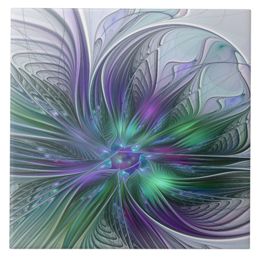 Paarse Groene Bloem Modern Abstracte Kunst Fractal Tegeltje (Voorkant)