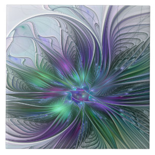 Paarse Groene Bloem Modern Abstracte Kunst Fractal Tegeltje