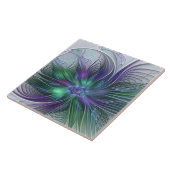 Paarse Groene Bloem Modern Abstracte Kunst Fractal Tegeltje (Zijkant)