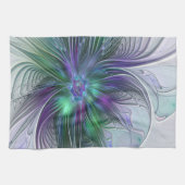 Paarse Groene Bloem Modern Abstracte Kunst Fractal Theedoek (Horizontaal)