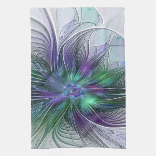 Paarse Groene Bloem Modern Abstracte Kunst Fractal Theedoek (Verticaal)