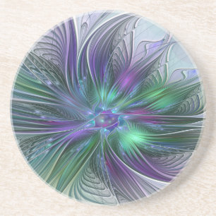 Paarse Groene Bloem Modern Abstracte Kunst Fractal Zandsteen Onderzetter
