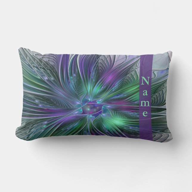 Paarse Groene Bloem Moderne Abstracte Fractal Naam Kussen (Voorkant)