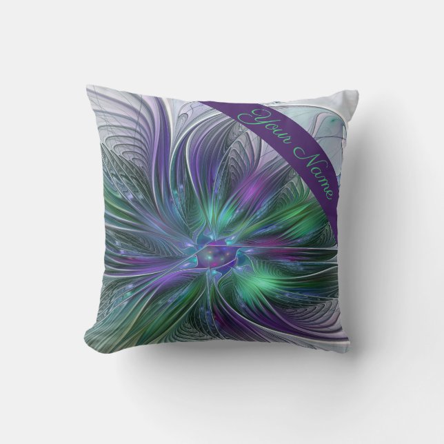Paarse Groene Bloem Moderne Abstracte Fractal Naam Kussen (Voorkant)