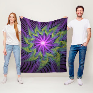 Paarse Groene Bloem Moderne Abstracte Fractale Kun Fleece Deken