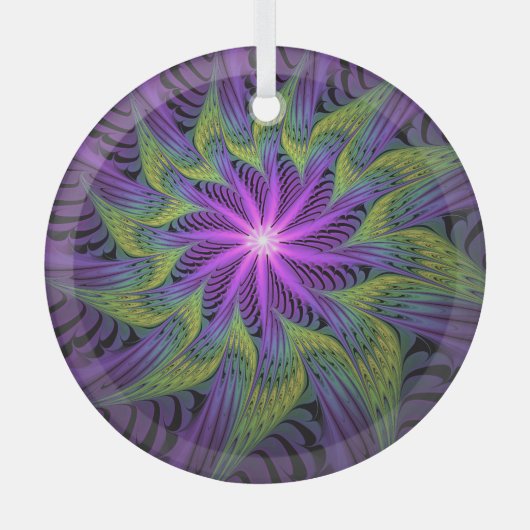 Paarse groene bloem Moderne Abstracte fractale kun Glas Ornament (Voorkant)
