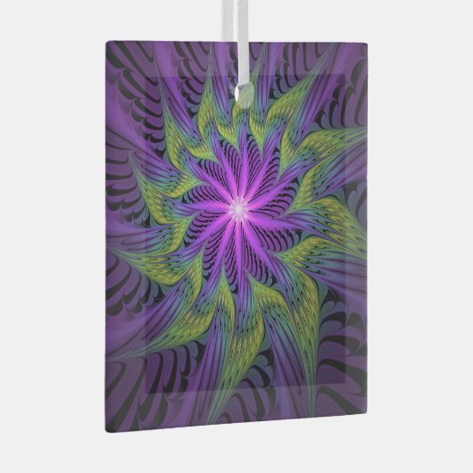 Paarse groene bloem Moderne Abstracte fractale kun Glas Ornament (Voorkant Rechts)