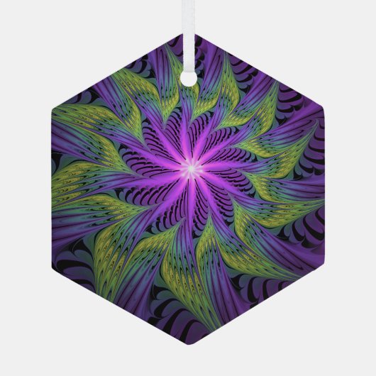 Paarse groene bloem Moderne Abstracte fractale kun Glas Ornament (Achterkant)