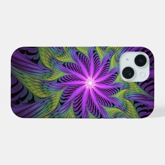 Paarse groene bloem Moderne Abstracte fractale kun iPhone 15 Case (Achterkant horizontaal)