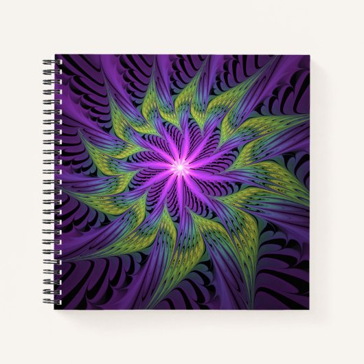 Paarse Groene Bloem Moderne Abstracte Fractale Kun Notitieboek (Voorkant)