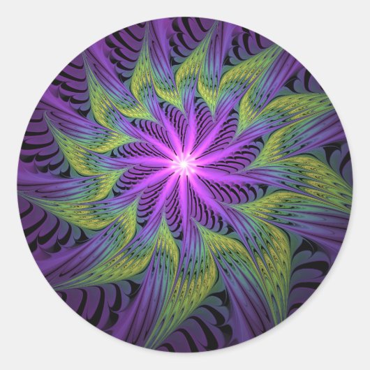 Paarse Groene Bloem Moderne Abstracte Fractale Kun Ronde Sticker (Voorkant)