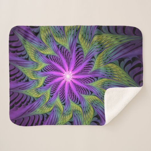 Paarse groene bloem Moderne Abstracte fractale kun Sherpa Deken (Voorkant (horizontaal))