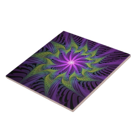 Paarse groene bloem Moderne Abstracte fractale kun Tegeltje (Zijkant)