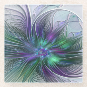 Paarse Groene Bloem Moderne Abstracte Kunst Fracta Glazen Onderzetter