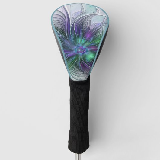 Paarse Groene Bloem Moderne Abstracte Kunst Fracta Golfheadcover (Voorkant)