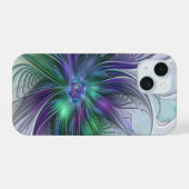 Paarse Groene Bloem Moderne Abstracte Kunst Fracta iPhone 15 Case (Achterkant horizontaal)