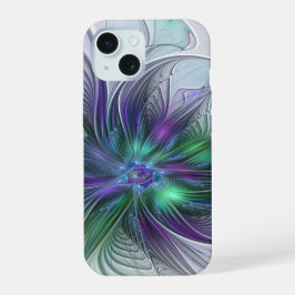 Paarse Groene Bloem Moderne Abstracte Kunst Fracta iPhone 15 Case