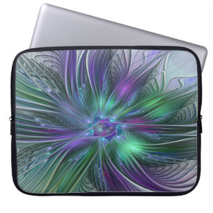 Paarse Groene Bloem Moderne Abstracte Kunst Fracta Laptop Sleeve