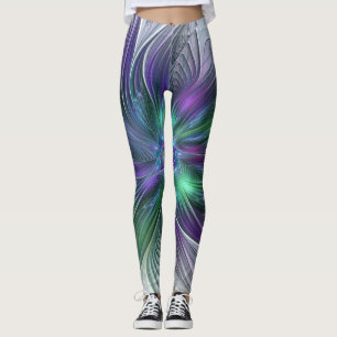 Paarse Groene Bloem Moderne Abstracte Kunst Fracta Leggings